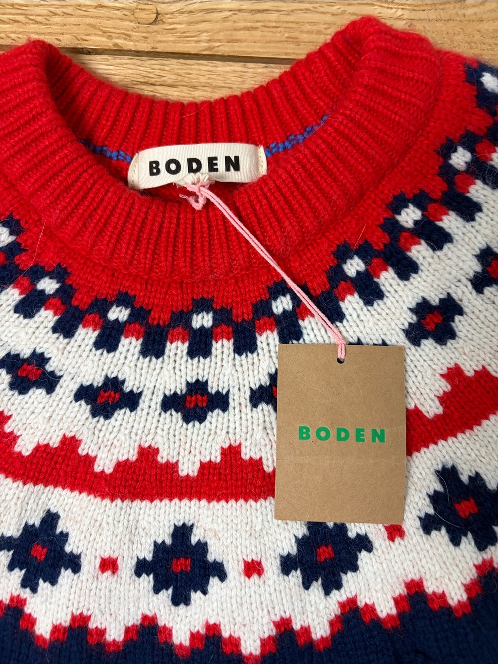 Boden Navy Crewneck Sweater with Red and White Fair Isle Yoke - Picture 3 of 6